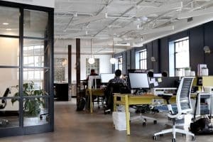 Desks and work stations at a modern office.