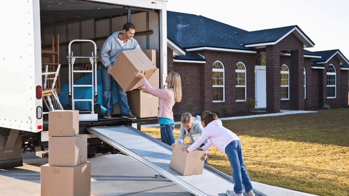 A moving company helping a family move into a new house