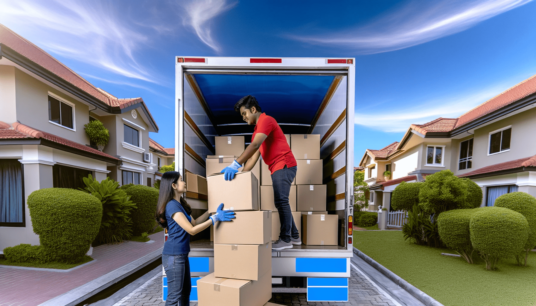 A moving truck being loaded with packed boxes for long distance moving services